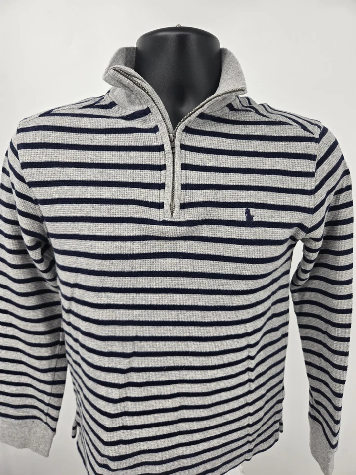 Suéter Polo Ralph Lauren Juvenil Grande 14-16 Azul y Gris Rayas 1/4 Cremallera Pullover Foto 2 de 4