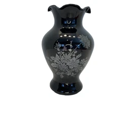 L E Smith Black Amethyst Glass Vase Ruffle Top w/Silver Colored Floral Design