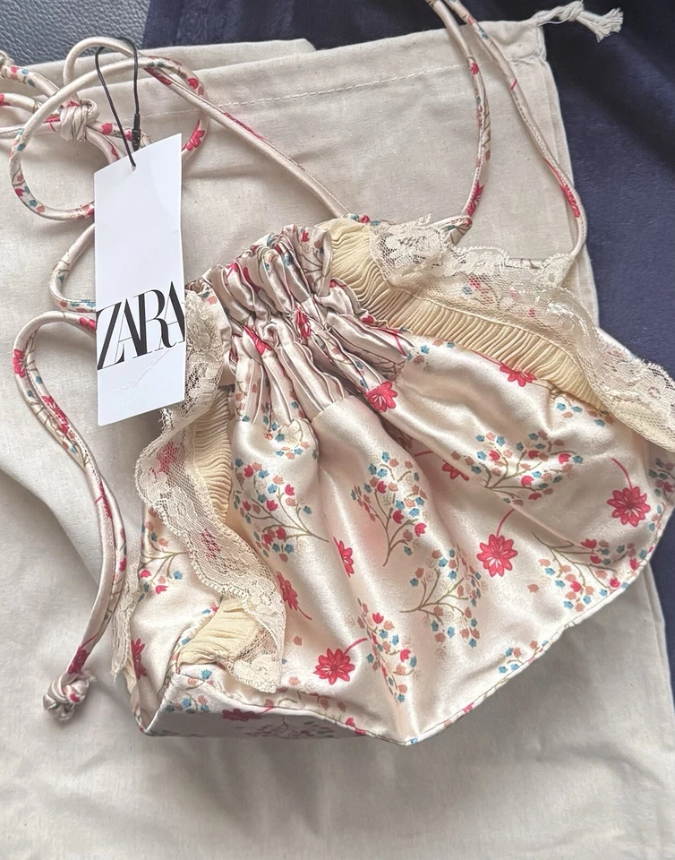 Zara Floral Satin Effect with Lace Mini Bucket Bag Bloggers Fave Wedding Holiday - Image 3 of 4