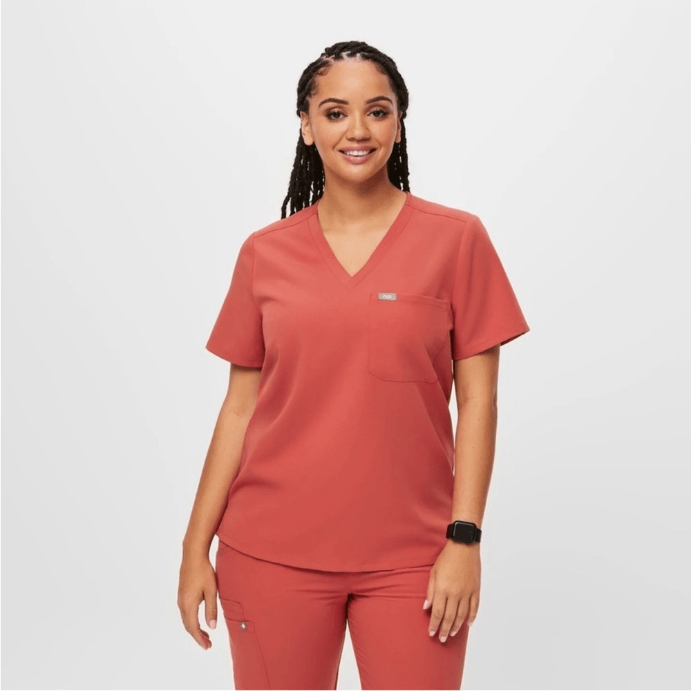 Figs Catarina One Pocket Coral Scrub Top eBay