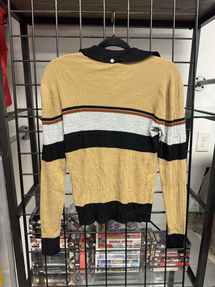 Vintage 1970s Landmark Yellow Striped V Neck Collared Sweater Size Medium - Image 4 of 4