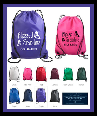 BLESSED GRANDMA BUTTERFLY PERSONALIZED NAME NYLON DRAWSTRING BACKPACK GIFT BAG
