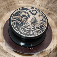 Vinyl record weight. The Kraken sea monster engraved aluminum turntable weight.