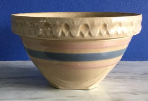McCoy Yellow Ware 7.5" Bowl W/ Pink & Blue Stripes Square Bottom Pie Crust Rim