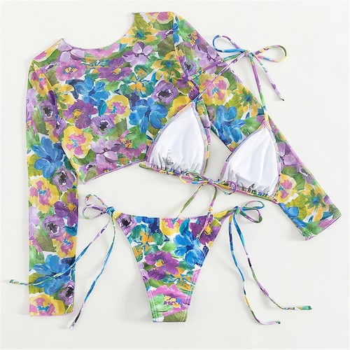 Costume da bagno donna manica lunga set tre pezzi bikini porta fiori costume da bagno - Foto 7 di 8