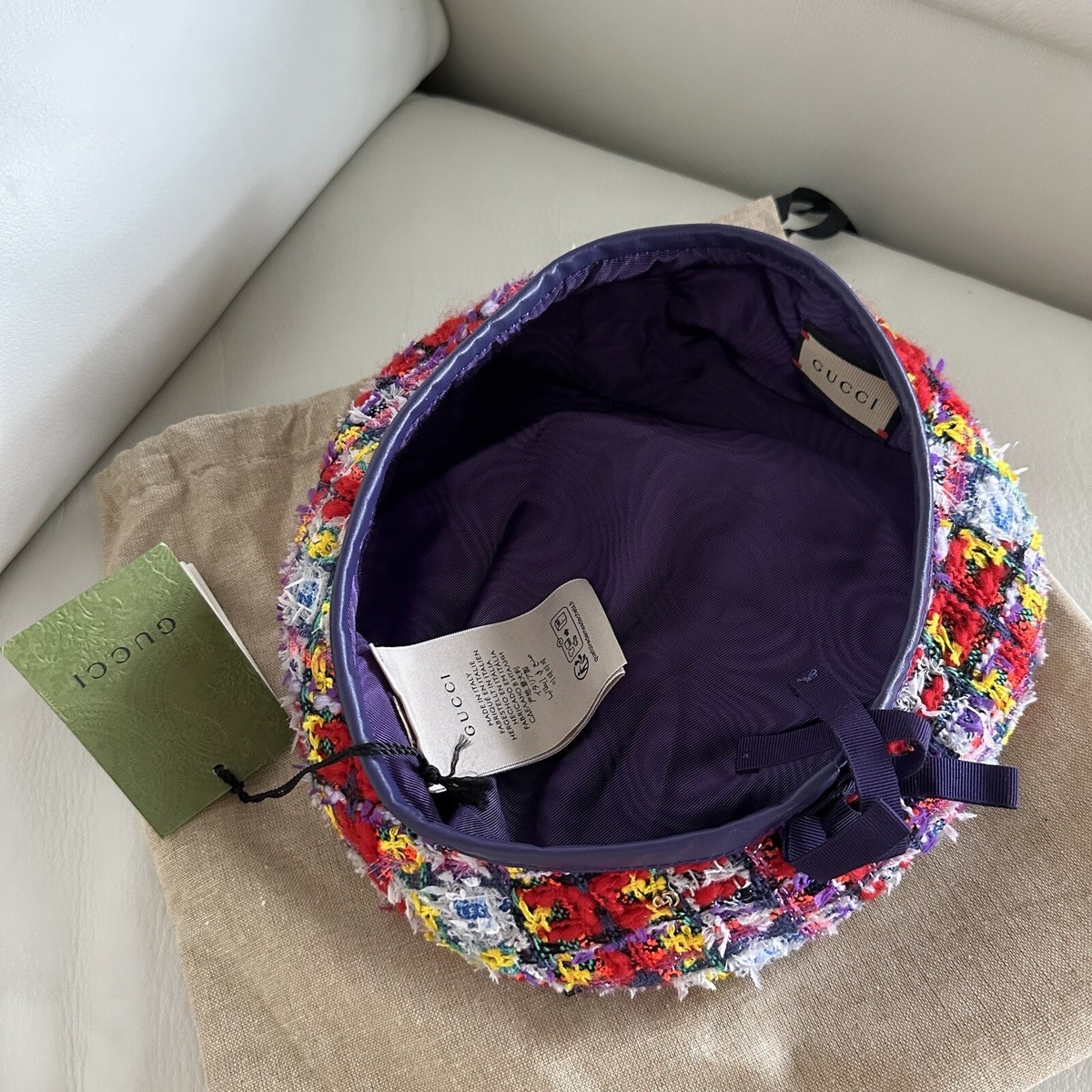 NWT GUCCI LAME BERET CAP Check Lame Sz S Multicolour Violet  display picture 3