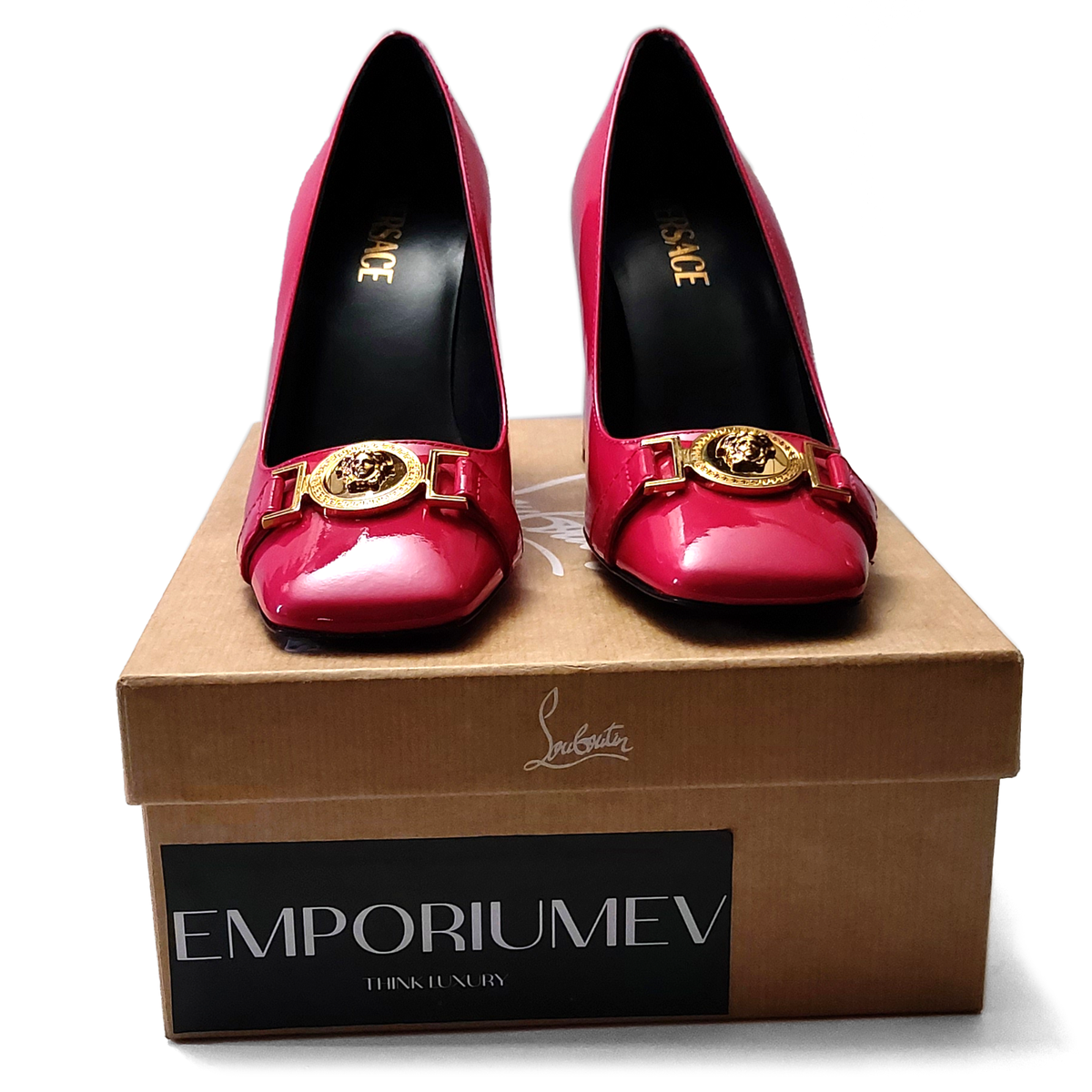 Versace Vernice Pink Leather Gold Medusa Heeled Pumps Shoes