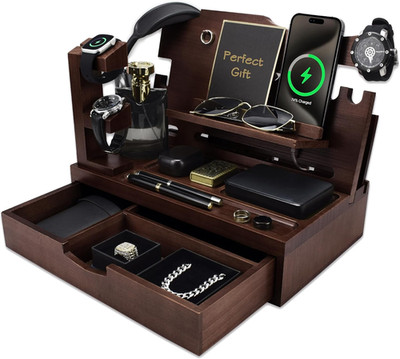 Nightstand Organizer for Men with Large Drawer, Wood Phone Docking Station for P