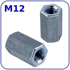 M12 Long Coupling Nuts Hex Threaded Rod Stud Connector Zinc Plated DIN 6334