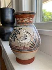 Vintage Tonala Mexico Signed Art Pottery Vase Birds Floral Oaxacan Hand Painted