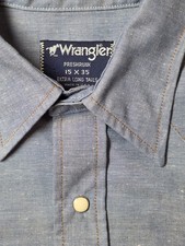 Vintage Wrangler Pearl Snap Chambray Shirt X-Long Tail 15X35 RARE HORSE LOGO USA