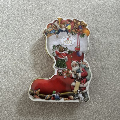 Confiserie Heidel Frohe Weihnachten Pralinen Blech Nikolaus Stiefel Spielzeug Schlitten Germany 