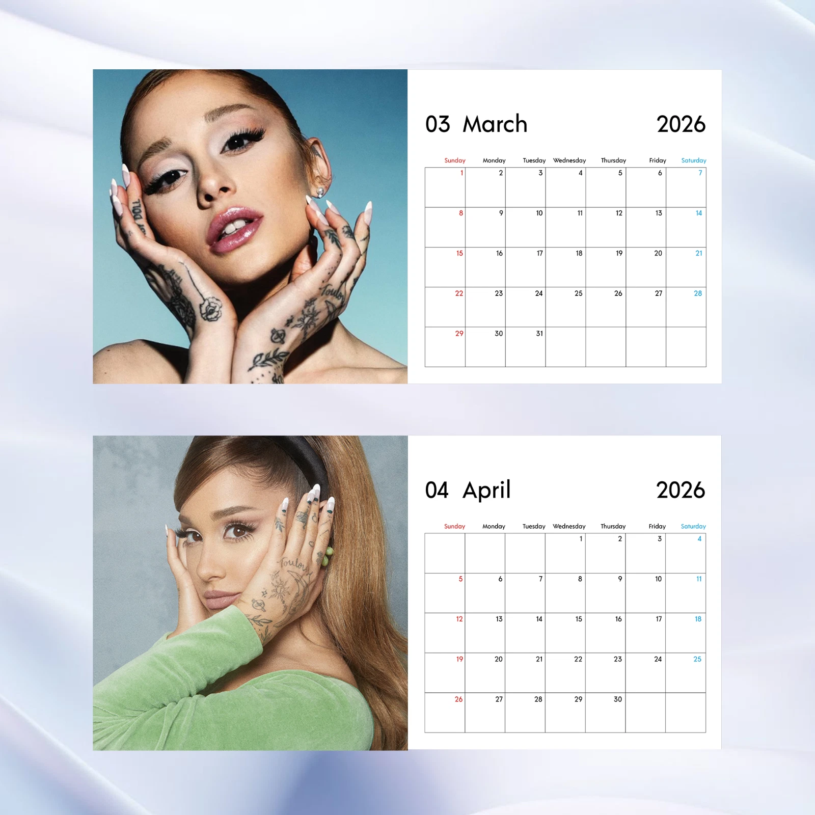 Ariana 2026 Wall Calendar, Elegant Pop Star Photography Gift Idea