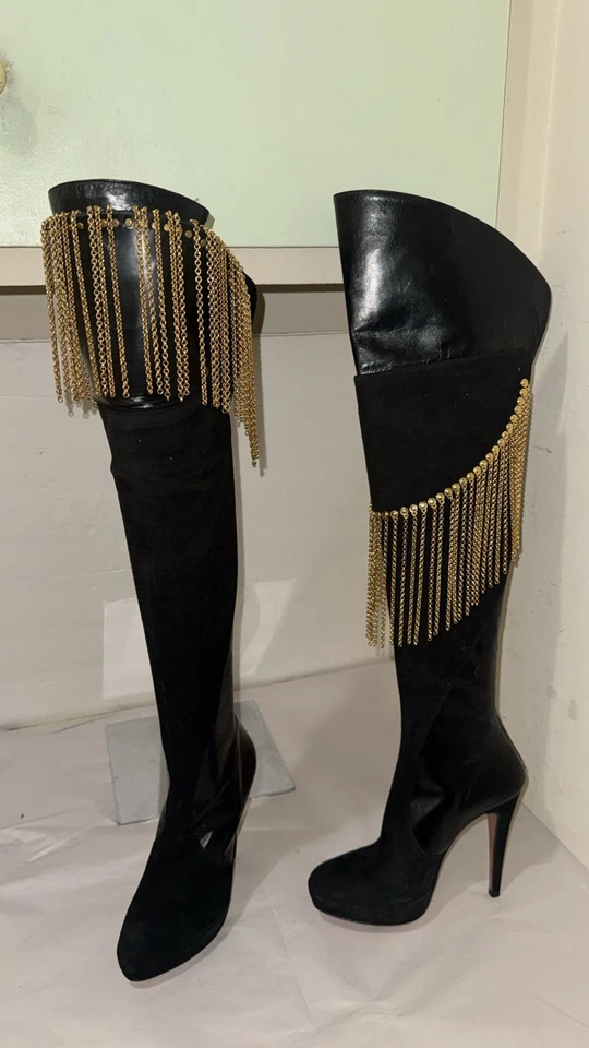 36/6❤️ITALY Francesco Sacco Leather Over Knee High Heels Tall Gold Chain Boots - Image 3 of 4