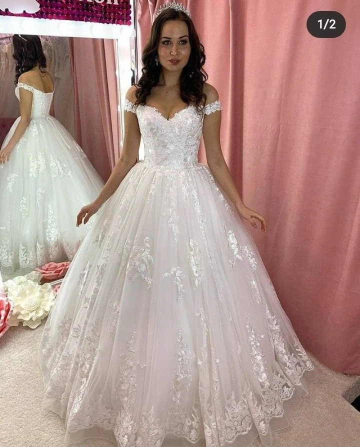 Шикарный свадебные платья с плеча кружева аппликации линия свадебные платья - Изображение 2 из 4