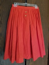 VTG 1950/60s Bright Orange Red Skirt, Two Gold Button Front, Nubby Cotton Weave
