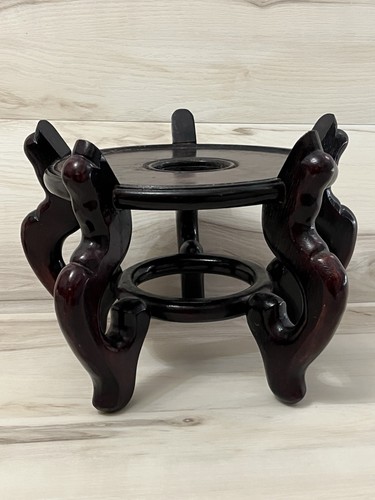8.5" H Chinese Dark Brown Wood 5 Leg Round Table Top Vase Stand Display Easel