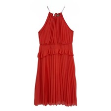 ASOS Womens Size 14 Orange Spaghetti Strappy A-Line Midi Dress Pleated Ruffle