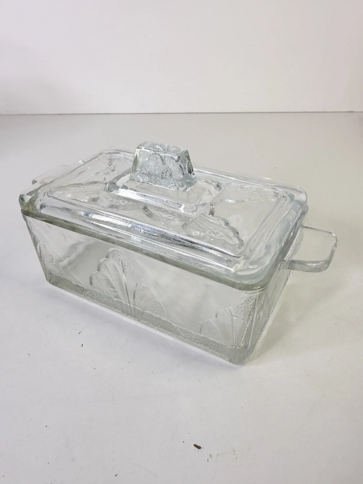 Vintage Art Deco Heavy Glass Butter Dish Cloud Tree Design England