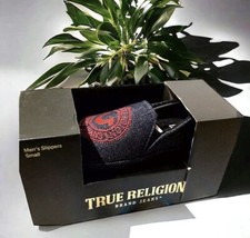 True Religion Slippers Men's Size Small 7-8 Grey Blue Denim Embroidered Red Logo