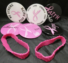 Lot of 6 Breast Cancer Awareness Pins/Buttons Plus Bracelets