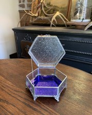 Vintage Hexagonal Beveled Glass Footed Jewelry Dresser Trinket Box