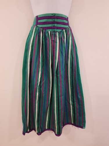 Vintage Skirt Cotton Green Purple Size 14 Midi Striped Landhaus Lined Retro
