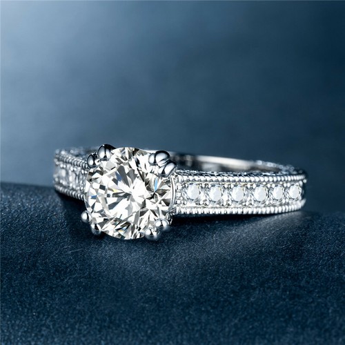 2ct Round Cut Claw Ring 925 Silver Flower Pattern Band Women's Cz Ring Size 6-10 - Picture 5 of 6