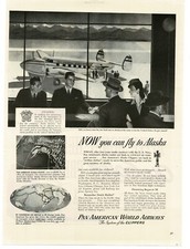 1944 PAA Pan American World Airways DC-3 at terminal art Vintage Print Ad