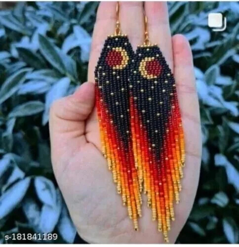Parrot Tribal Earrings Native Boho American Seed Beads Handmade Earring - Picture 2 of 2