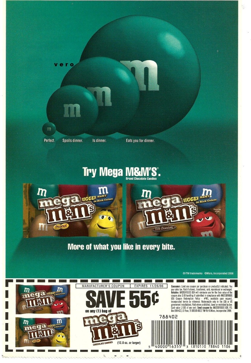 Ｍ＆Ｍ's 2006 M&M print ad magazine page candy mms M&M's MEGA teal