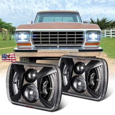 2PC 130W 7x6 5x7 LED DOT Headlight for Ford F150 F250 F350 1978-1986 w/ Halo DRL