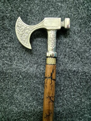 New Chrome Finish, Axe Head Handle Victorian, Handmade Wooden Walking Stick Cane