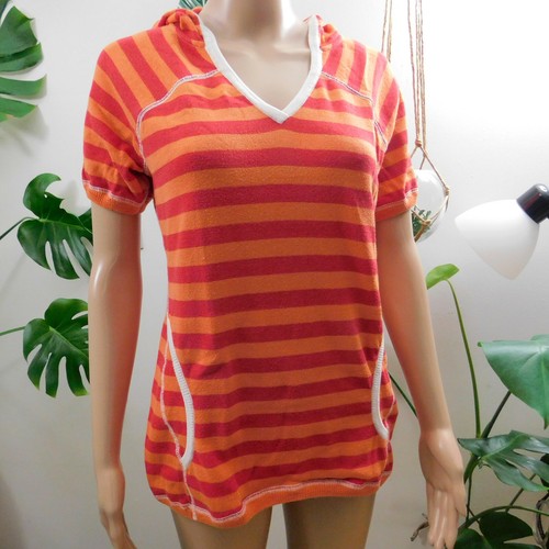 Krimson Klover by Sweater Girl Pullover Hooded Short Sleeve Orange Red Striped L - Picture 3 of 8