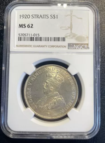 1920 Straits Settlements 1 Dollar Silver NGC MS62 King George V