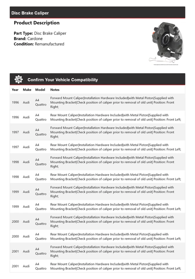 Pinza de freno de disco Cardone para Audi A4 Quattro 1996-2001 1997 1998 1999 2000 Foto 2 de 4