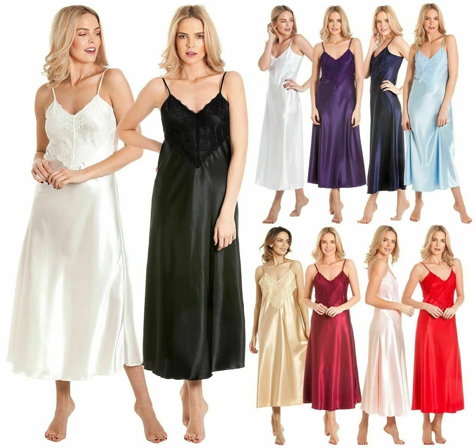 LADY OLGA New Ladies Silky Feel Long Strappy Nightdress Lace Neckline Satin Chemise