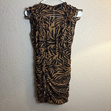 Express Dress Womens Size Small Tiger Print Ruffle Black Brown Chiffon Tags New