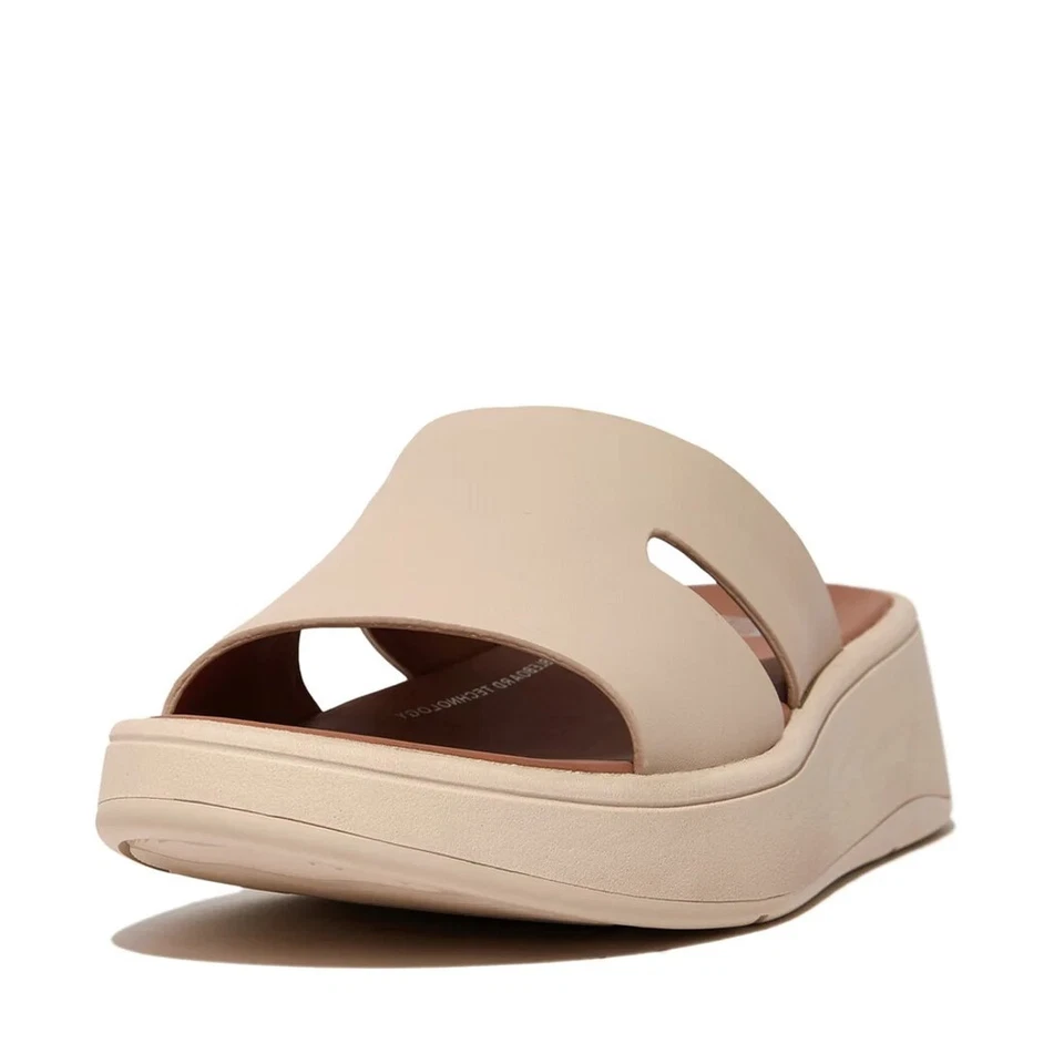 fitflop® Feminino 6 Modo F Couro Borda Crua Plataforma H-Bar Slides em Pedra Bege - Imagem 4 de 4