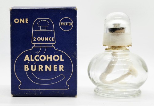 VINTAGE WHEATON 2OZ SMALL GLASS ALCOHOL LAMP BURNER WITH SNUFFER IN ORIGINAL BOX