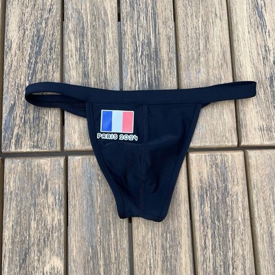 H.E.Arts design France flag custom print Mens black swim Thong swimwear size M L