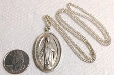 Antigua Medalla Virgen María Milagrosa de Plata de Ley Católica de 1 Onza Cadena de 24"