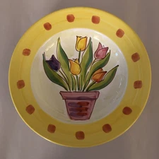Vtg Macy’s THE CELLAR 9.25” Bowl Hand Painted Pot Tulips 1995 Made In Italy