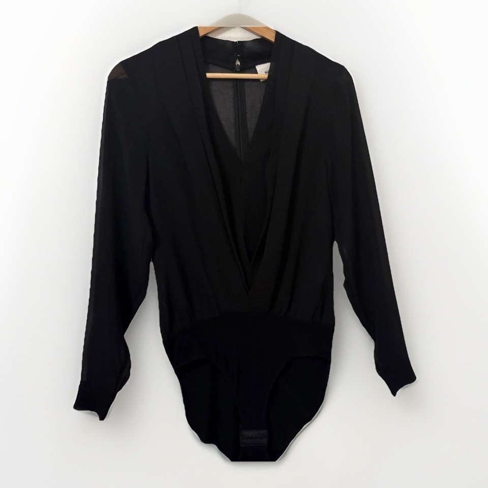 Seed Heritage Bodysuit Black Size XS Open Mesh Evening Draped Shirt Style