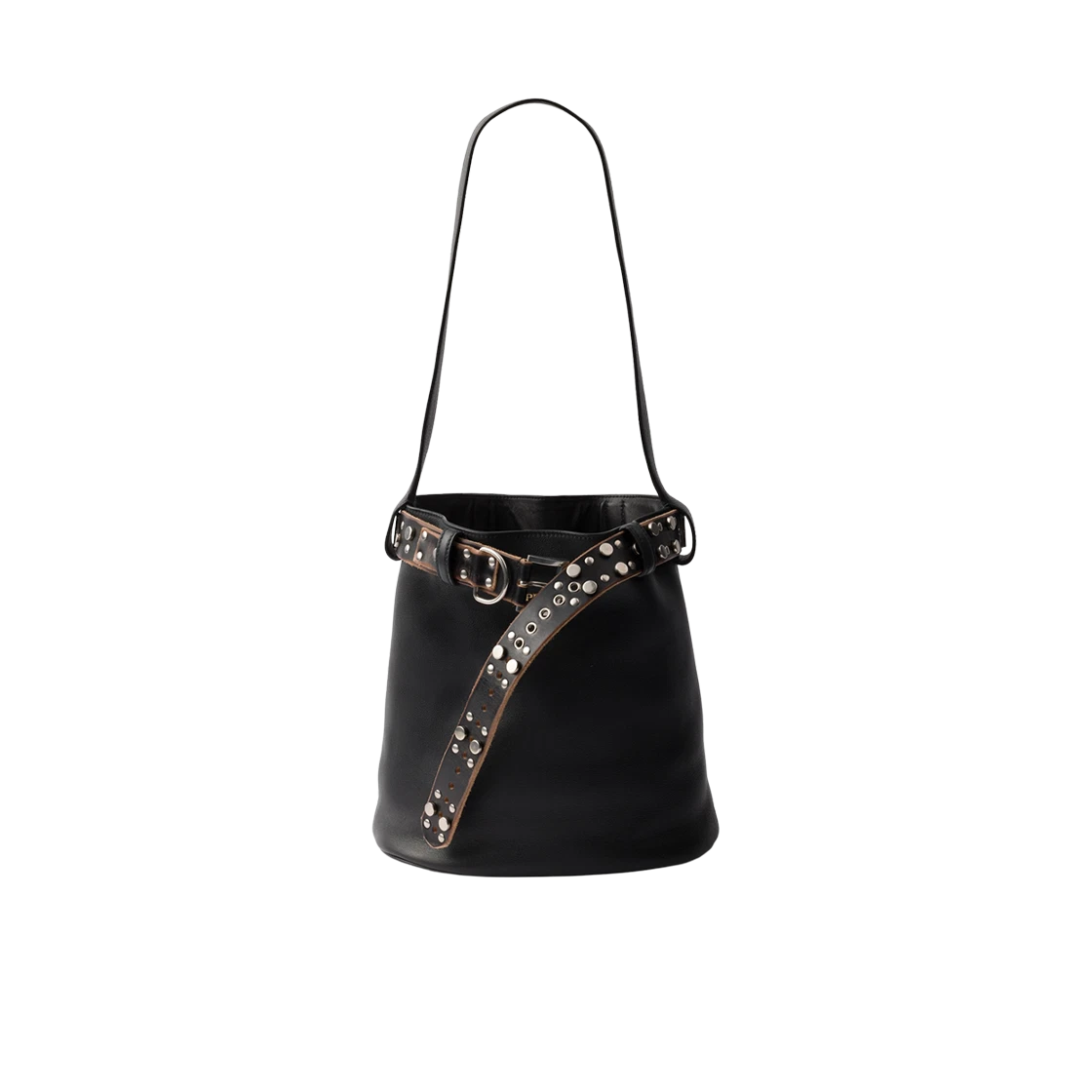 Prada Buckle Leather Bucket Bag with Studded Belt Black