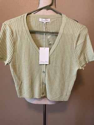 Emory Park Ribbed Cropped Button Front Top, NEW, Light Green, Size S