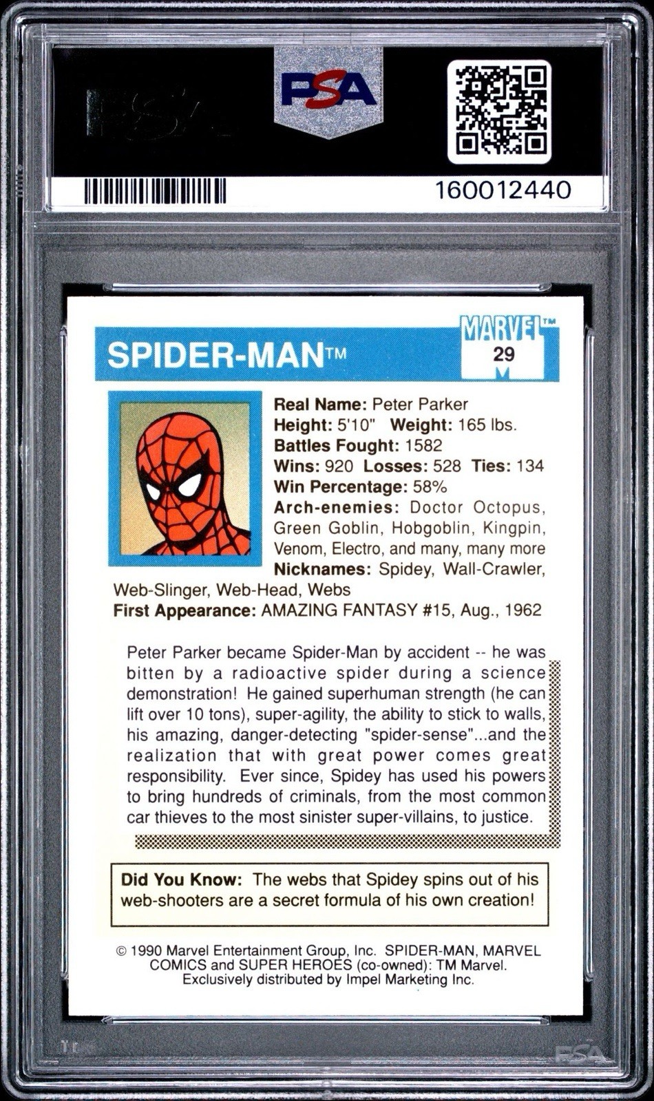 1990 Marvel Universe Spider-Man #29 - Newly Graded: PSA 9 - MINT view 2