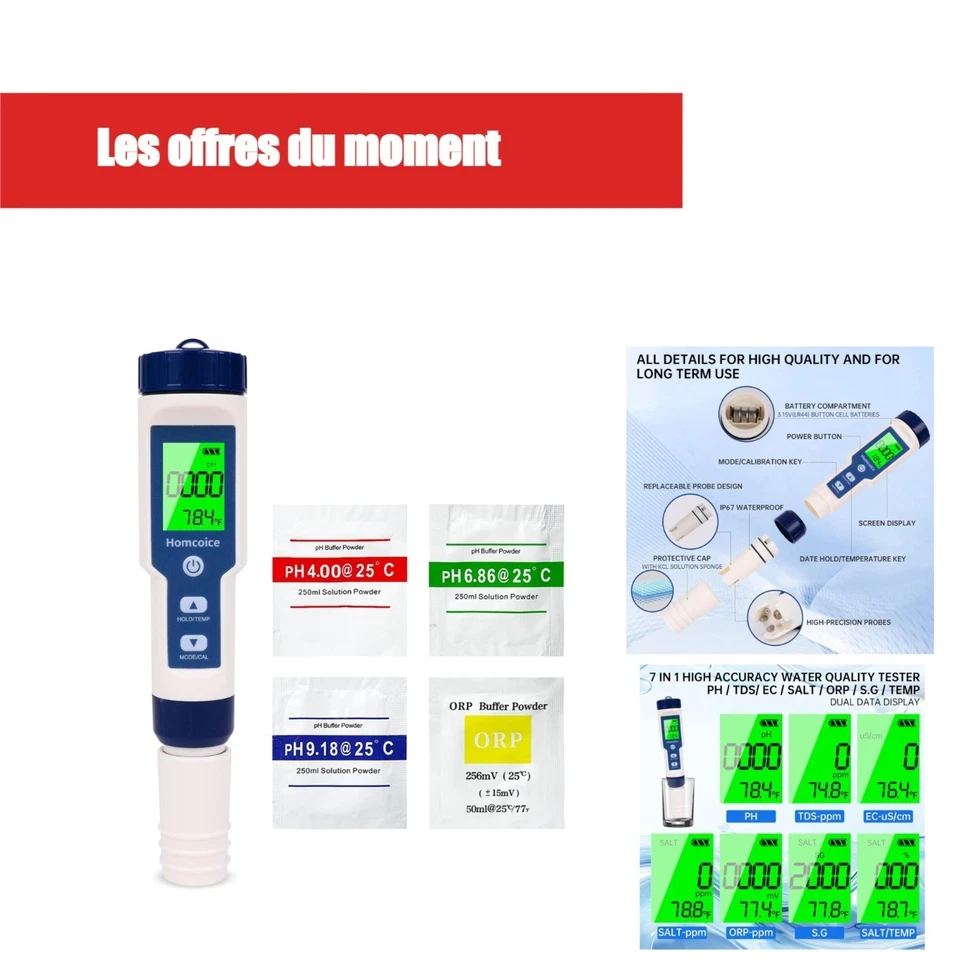 Testeur de Qualité d'Eau 7 en 1 Homcoice - pH, TDS, EC, Température - Photo 1/4