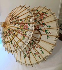 Vintage Parasol Double Tier Asian Hand Painted Rice Paper Bamboo