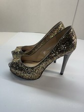 Nine West Open Toe Pumps High Heel Silver Sequin Party Shoes Gold Heels Size 8